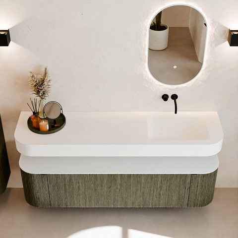 MONDIAZ THOR 170cm meuble de salle de bains arrondi gauche + droite couleur Shadow avec 1 tiroir et 2 portes. Vasque suspendue CLOUD Droite sans trou de robinet couleur Talc. SW1465508