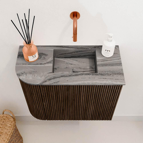 Mondiaz JOYA-DLUX 51.6cm toiletmeubel - ronding links kleur Walnut - Wastafel FAYE positie Rechts Zonder kraangat kleur Sombra. SW1424733