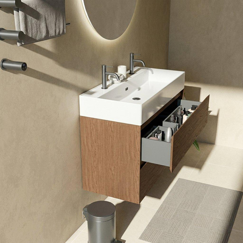Saniclass Holz Pure Badkamermeubelset - 100x45x72cm - Legend keramische wastafel mat wit - 1 wasbak - 2 kraangaten - 2 lades - mat walnut pure (hout) SW1580163