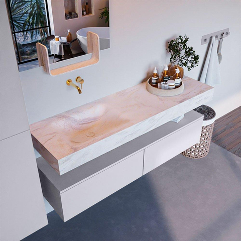 Mondiaz ALAN-DLUX Ensemble de meuble - 150cm - meuble Cale mat - 2 tiroirs - Lavabo Cloud Ostra suspendu - vasque Gauche - 0 trous de robinet SW807610