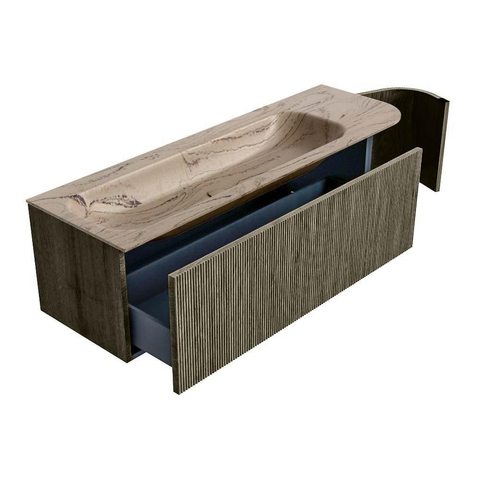 MONDIAZ KURVE-DLUX 145cm meuble de salle de bains arrondi Droite couleur Shadow avec 1 tiroir et 1 porte. Lavabo BIG LARGE Gauche sans trou de robinet Arena. SW1431451