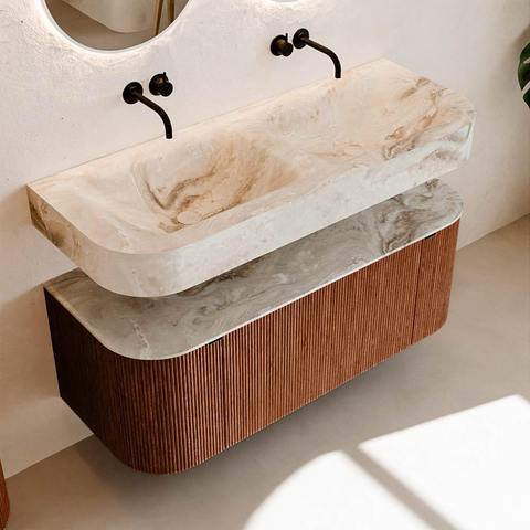 MONDIAZ THOR-DLUX 120cm meuble de salle de bains arrondi gauche + droite couleur Ruby avec 1 tiroir et 2 portes. Vasque suspendue CLOUD Double sans trou de robinet couleur Frappe. SW1463327
