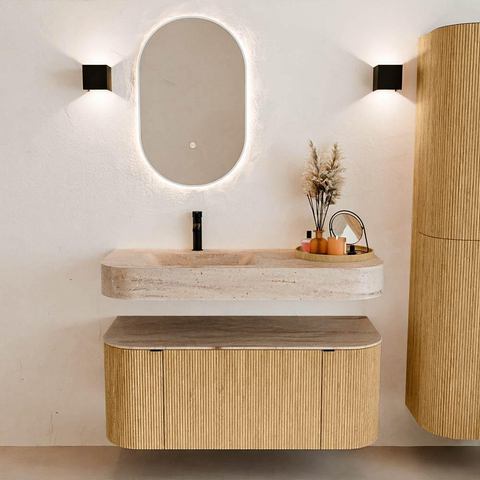 MONDIAZ THOR-DLUX 110cm badmeubel ronding links + rechts kleur Oak met 1 lade en 2 deuren. Vrijhangende wastafel CLOUD Links 1 kraangat kleur Saba. SW1462992