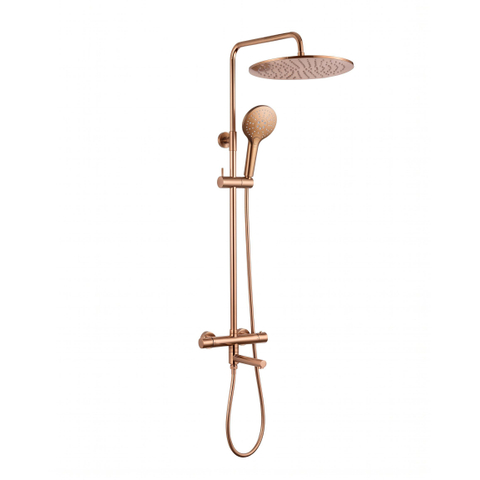 Fortifura Calvi Ensemble de douche pluie - thermostatique - douche de tête 25cm - flexible lisse - douchette ronde - bec de baignoire pivotant - Cuivre brossé PVD (Cuivre) SW1592517