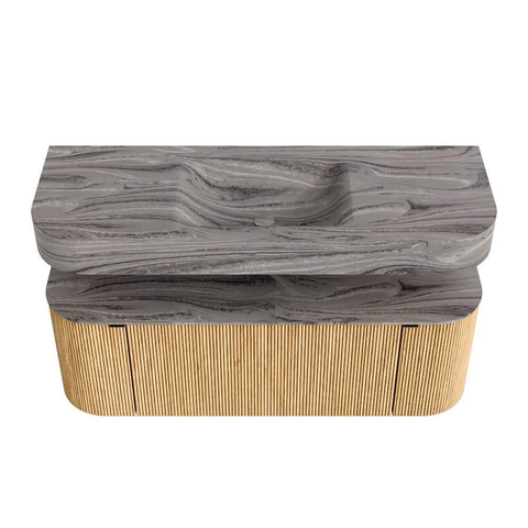 MONDIAZ THOR-DLUX 130cm badmeubel ronding links + rechts kleur Oak met 1 lade en 2 deuren. Vrijhangende wastafel CLOUD Midden zonder kraangat kleur Sombra. SW1464046