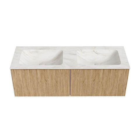 MONDIAZ KURVE-DLUX Meuble de salle de bains 130 cm couleur Oak avec 2 tiroirs. Lavabo LEAF double 2 trous de robinet couleur Ostra. SW1137803