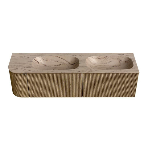 MONDIAZ KURVE-DLUX Meuble de salle de bains 165cm arrondi à gauche couleur Dusk avec 2 tiroirs et 1 porte. Lavabo STOR SMALL Double / Droite sans trou de robinet Arena. SW1431417