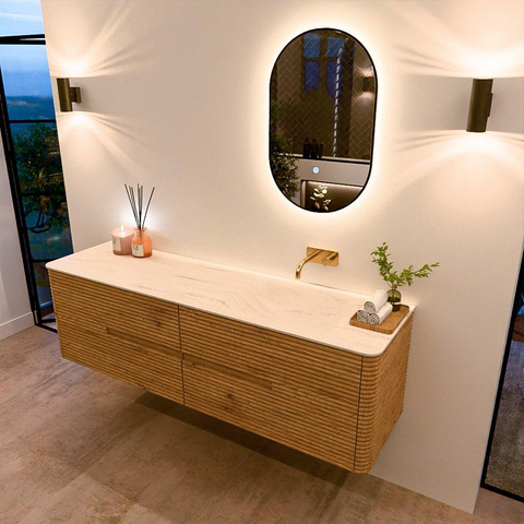Mondiaz CIRO-DLUX Meuble de salle de bains - 170x45x50cm - Plan-vasque Solid surface Meli - 1 lavabo à droite - sans trous de robinet - 4 tiroirs - Chêne SW1531437