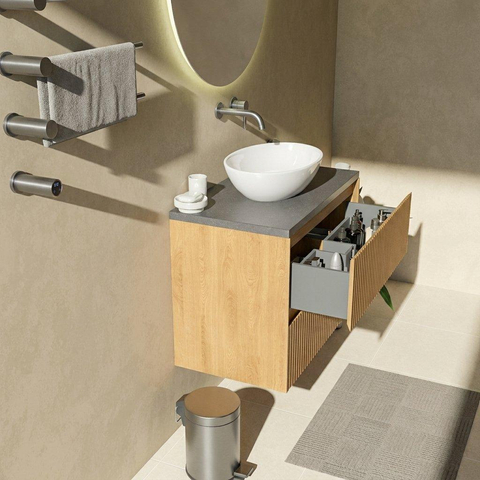 Saniclass Holz Atelier Badkamermeubelset - 80x45x63cm - Noche basalten wastafelblad gepolijst (zwart) - zonder kraangat - 2 lades - mat eiken natural (hout) SW1478533