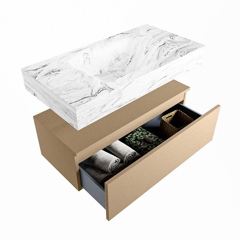 Mondiaz ALAN-DLUX Ensemble de meuble - 90cm - meuble Oro mat - 1 tiroir - Lavabo Cloud Glace suspendu - vasque Centre - 1 trou de robinet SW806321