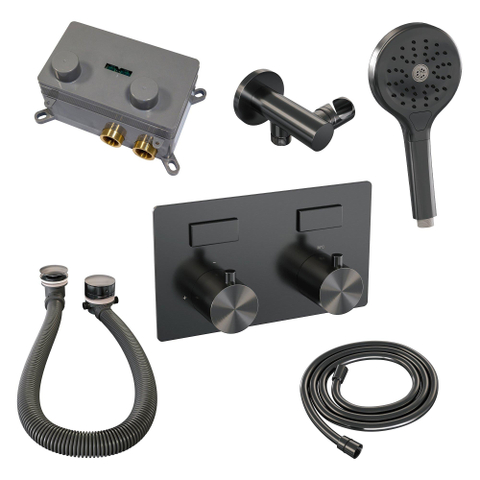 Brauer Gunmetal Edition set de boutons poussoirs thermostatiques encastrés pour baignoire 04 combinaison de remplissage de baignoire 3 positions douche à main flexible de douche raccord mural coude gunmetal pvd brossé SW925714