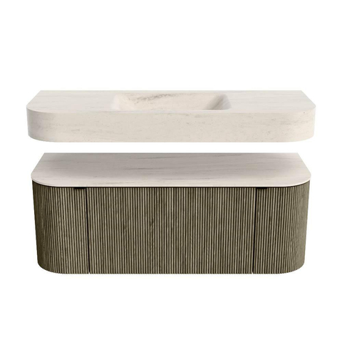MONDIAZ THOR-DLUX 120cm meuble de salle de bains arrondi gauche + droite couleur Shadow avec 1 tiroir et 2 portes. Vasque suspendue CLOUD Milieu sans trou de robinet couleur Meli. SW1463319