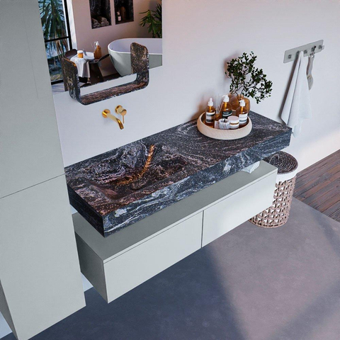 Mondiaz ALAN-DLUX Ensemble de meuble - 130cm - meuble Clay mat - 2 tiroirs - Lavabo Cloud Lava suspendu - vasque Gauche - 0 trous de robinet SW808625