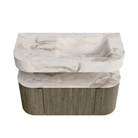 MONDIAZ THOR-DLUX 100cm meuble de salle de bains arrondi gauche + droite couleur Shadow avec 1 tiroir et 2 portes. Vasque suspendue CLOUD Droite sans trou de robinet couleur Frappe. SW1467434