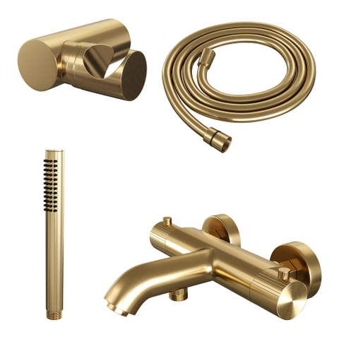 BRAUER Stripe Mitigeur thermostatique douche bain - SET 03 - apparent - support mural - douchette sur barre - flexible de douche - or brossé PVD SW1434809