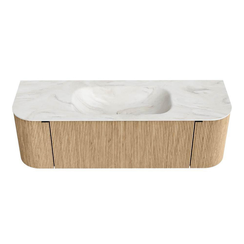 MONDIAZ KURVE-DLUX Meuble de salle de bains 140 cm avec module 25 Len R couleur Oak avec 1 tiroir et 2 portes. Lavabo BIG SMALL central sans trou de robinet couleur Ostra. SW1137772
