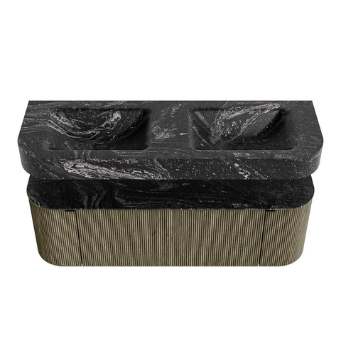 MONDIAZ THOR-DLUX 140cm meuble de salle de bains arrondi gauche + droite couleur Shadow avec 1 tiroir et 2 portes. Vasque suspendue CLOUD Double sans trou de robinet couleur Lava. SW1464133