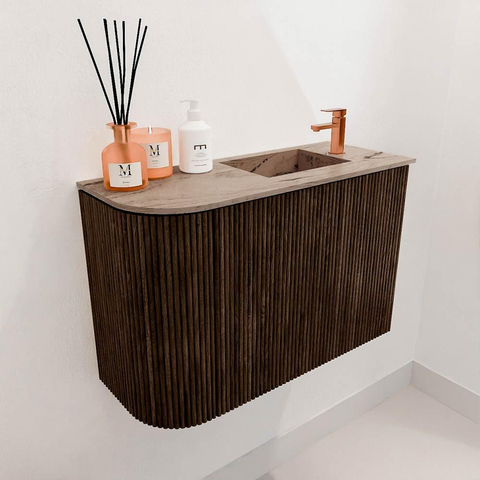 Mondiaz JOYA-DLUX 61.6cm toiletmeubel - ronding links kleur Walnut - Wastafel FAYE positie Rechts 1 kraangat kleur Arena. SW1424364