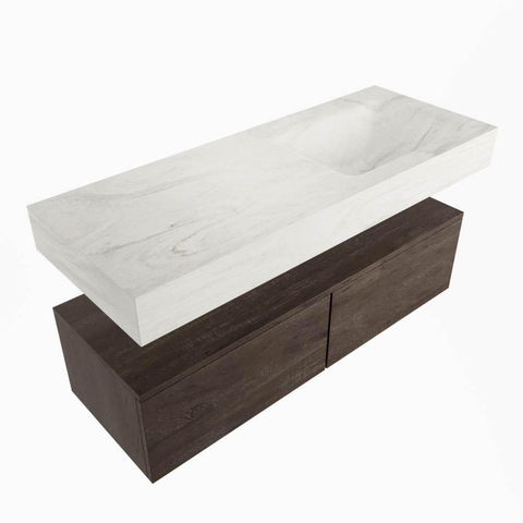 Mondiaz ALAN-DLUX Badkamermeubelset - 130x46cm - 2 lade - vrijhangende wastafel - zonder kraangaten - 2 rechts - Dark brown (eiken donker) SW1159443