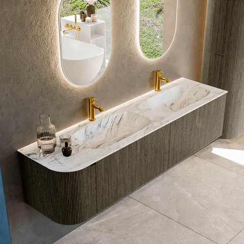Mondiaz KURVE-DLUX Ensemble de meuble de salle de bains - 175x46x40cm - 2 tiroirs - 1 porte - lavabo solid surface - double / droite - 2 trous de robinet - Shadow SW1414605
