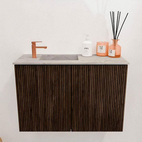 Mondiaz JOYA-DLUX 60cm toiletmeubel - kleur Walnut - Wastafel FAYE positie Links 1 kraangat kleur Glace. SW1422375