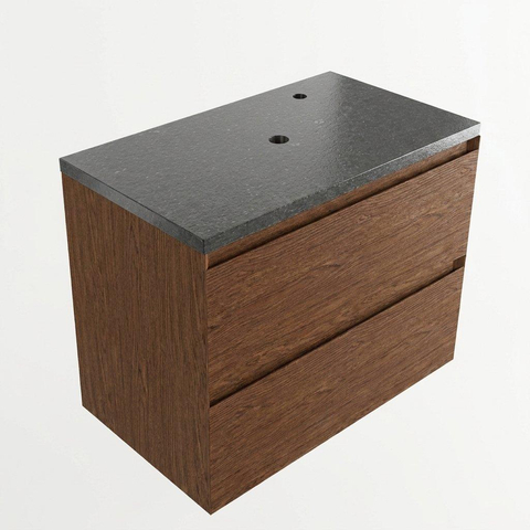 Saniclass Holz Pure Ensemble meuble de salle de bains - 80x45x63cm - Plan de toilette en basalte Noche poli (noir) - 1 trou de robinetterie - 2 tiroirs - walnut pure mat (bois) SW1478550