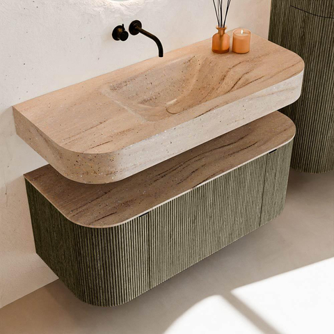 MONDIAZ THOR-DLUX Meuble de salle de bains 110cm arrondi gauche + droite couleur Shadow avec 1 tiroir et 2 portes. Vasque suspendue CLOUD Milieu sans trou de robinet couleur Saba. SW1463005