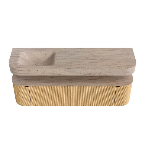 MONDIAZ THOR-DLUX 170cm badmeubel ronding links + rechts kleur Oak met 1 lade en 2 deuren. Vrijhangende wastafel CLOUD Links zonder kraangat kleur Saba. SW1465690