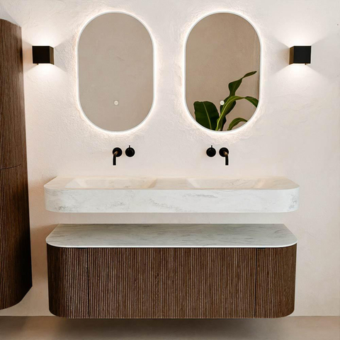 MONDIAZ THOR-DLUX 140cm badmeubel ronding links + rechts kleur Walnut met 1 lade en 2 deuren. Vrijhangende wastafel CLOUD Dubbel zonder kraangat kleur Opalo. SW1464086