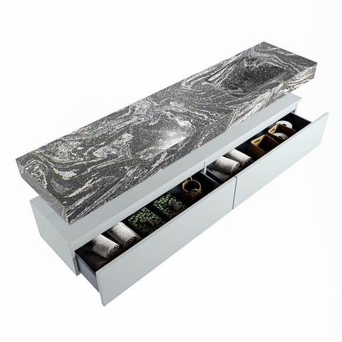 Mondiaz ALAN-DLUX Ensemble de meuble - 200cm - meuble Clay mat - 2 tiroirs - Lavabo Cloud Lava suspendu - vasque Droite - 1 trou de robinet SW808587