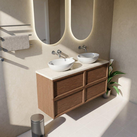 Saniclass Holz Frame Badkamermeubelset - 140x45x63cm - Travertine natuurstenen topblad - zonder kraangat - 4 lades - glans walnut pure (hout) SW1580043