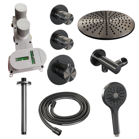 Brauer Gunmetal Edition Ensemble de douche pluie encastré - douche principale 30 cm - bras plafond - 3 boutons lisses - douchette ronde 3 positions - PVD - gunmetal brossé SW715888