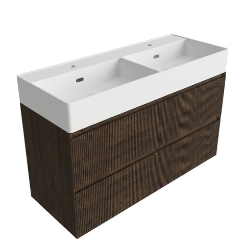 Saniclass Holz Atelier Badkamermeubelset - 120x45x72cm - Legend keramische wastafel mat wit - 2 wasbakken - 2 kraangaten - 2 lades - mat eiken charcoal (hout) SW1579622