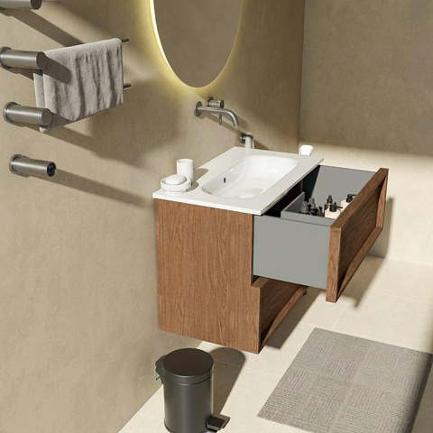 Saniclass Holz Frame Badkamermeubelset - 80x45x73.9cm - Chaci keramische wastafel wit - 1 wasbak - zonder kraangat - 2 lades - mat walnut pure (hout) SW1579997