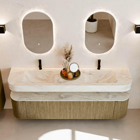 MONDIAZ THOR-DLUX Meuble de salle de bains 190cm arrondi gauche + droite couleur Dusk avec 2 tiroirs et 2 portes. Vasque suspendue CLOUD Double 2 trous de robinet couleur Ostra. SW1466490