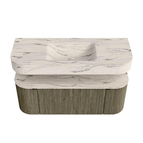 MONDIAZ THOR-DLUX 120cm meuble de salle de bains arrondi gauche + droite couleur Shadow avec 1 tiroir et 2 portes. Vasque suspendue CLOUD Milieu sans trou de robinet couleur Nata. SW1463414