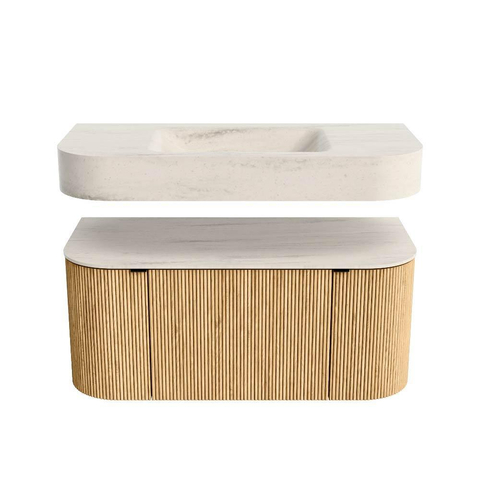 MONDIAZ THOR-DLUX 100cm meuble de salle de bains arrondi gauche + droite couleur Oak avec 1 tiroir et 2 portes. Vasque suspendue CLOUD Centre sans trou de robinet couleur Meli. SW1467468