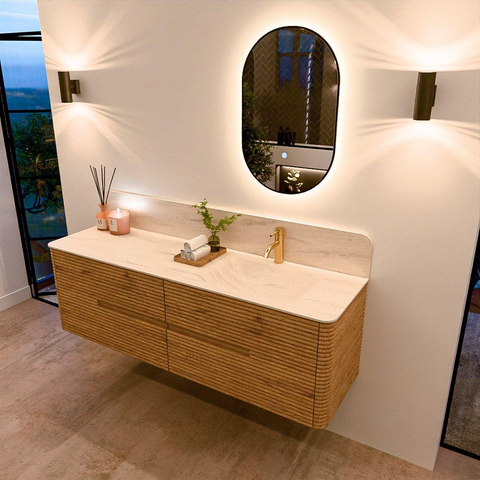 Mondiaz CIRO-DLUX Meuble de salle de bains - 160x45x50cm - Plan vasque solid surface Meli - 1 vasque à droite - 1 trou de robinet - 4 tiroirs - Chêne SW1531397