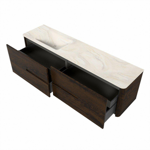 Mondiaz CIRO-DLUX Meuble de salle de bains - 180x45x50cm - Plan vasque solid surface Ostra - 1 vasque à gauche - sans trous de robinetterie - 4 tiroirs - Noyer SW1530418