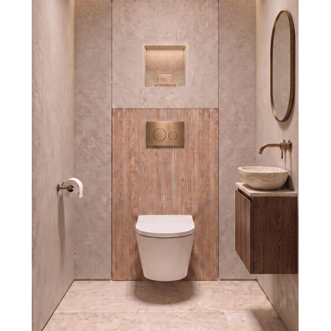 QeramiQ Dely Toiletset - 36.3x51.7cm - Geberit UP720 inbouwreservoir - rimless - diepspoel - 35mm zitting - softclose - bedieningsplaat koper - ronde knoppen - glans wit SW1428169