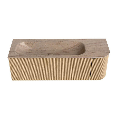 MONDIAZ KURVE-DLUX Meuble de salle de bains 135cm arrondi à droite couleur chêne avec 1 tiroir et 1 porte. Lavabo BIG MEDIUM à gauche 1 trou de robinet Saba. SW1433082