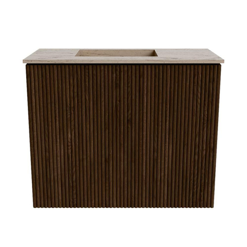 Mondiaz JOYA-DLUX 50cm toiletmeubel - kleur Walnut - Wastafel FAYE positie Links Zonder kraangat kleur Arena. SW1424324