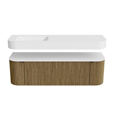MONDIAZ THOR 150cm meuble de salle de bains arrondi gauche + droite couleur Dusk avec 1 tiroir et 2 portes. Vasque suspendue CLOUD gauche 1 trou de robinet couleur Talc. SW1464491