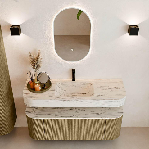 MONDIAZ THOR-DLUX 130cm meuble de salle de bains arrondi gauche + droite couleur Dusk avec 1 tiroir et 2 portes. Vasque suspendue CLOUD Milieu 1 trou de robinet couleur Nata. SW1463867