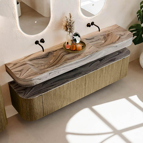 MONDIAZ THOR-DLUX 190cm meuble de salle de bains arrondi gauche + droite couleur Dusk avec 2 tiroirs et 2 portes. Vasque suspendue CLOUD Double sans trou de robinet couleur Sombra. SW1466698