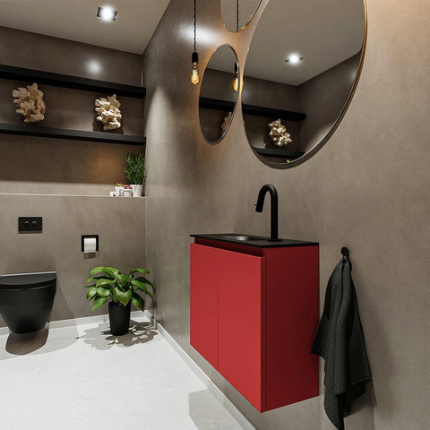 MONDIAZ TURE Toiletmeubel 60x23x50cm met 1 kraangaten 2 deuren fire mat Wastafel Eden midden Solid Surface Zwart SW475414
