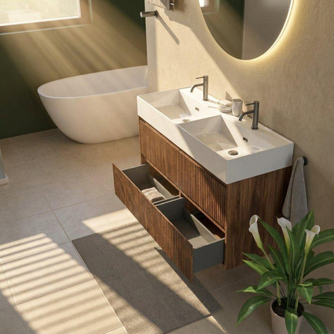 Saniclass Holz Atelier Ensemble meuble de salle de bains - 120x45x72cm - Lavabo Legend en céramique blanc - 2 vasques - 2 trous de robinetterie - 2 tiroirs - walnut pure mat (bois) SW1478525