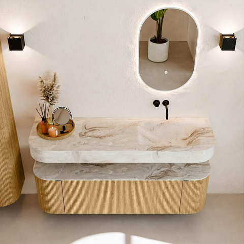 MONDIAZ THOR-DLUX 150cm badmeubel ronding links + rechts kleur Oak met 1 lade en 2 deuren. Vrijhangende wastafel CLOUD Rechts zonder kraangat kleur Frappe. SW1464567