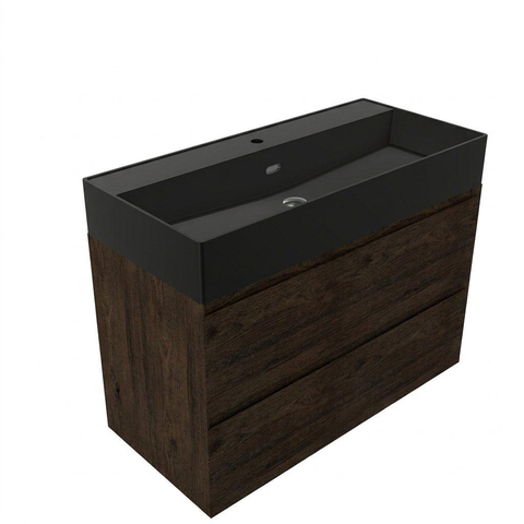 Saniclass Holz Pure Badkamermeubelset - 100x45x72cm - Legend keramische wastafel mat zwart - 1 wasbak - 1 kraangat - 2 lades - mat eiken charcoal (hout) SW1580186