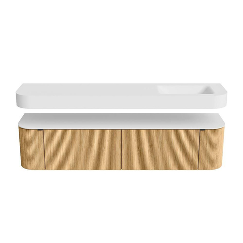 MONDIAZ THOR Meuble de salle de bains 190cm arrondi gauche + droite couleur Oak avec 2 tiroirs et 2 portes. Vasque suspendue CLOUD Droite sans trou de robinet couleur Talc. SW1466372
